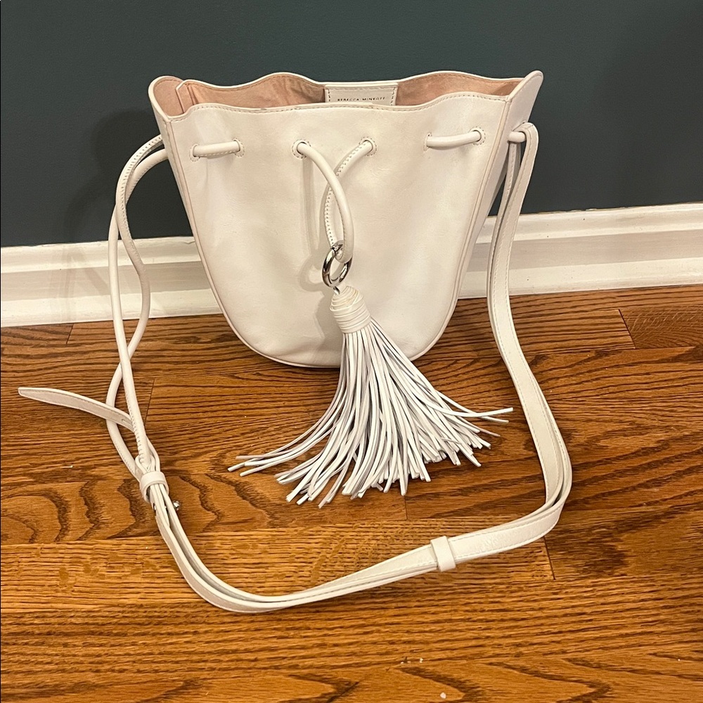 Rebecca Minkoff half moon bucket white leather purse